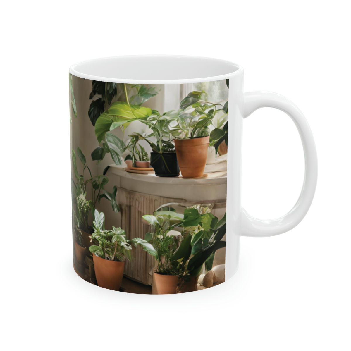 “A large 100oz ceramic mug placed on a wooden table, surrounded by elegant home decor with a beautiful flowerpot"