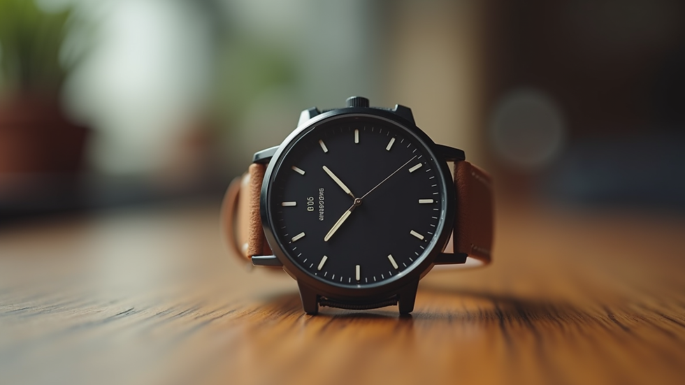 Eye-level view of a minimalist watch on a wooden surface