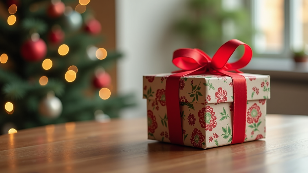 Eye-level view of a colorful gift box with a ribbon on a wooden table