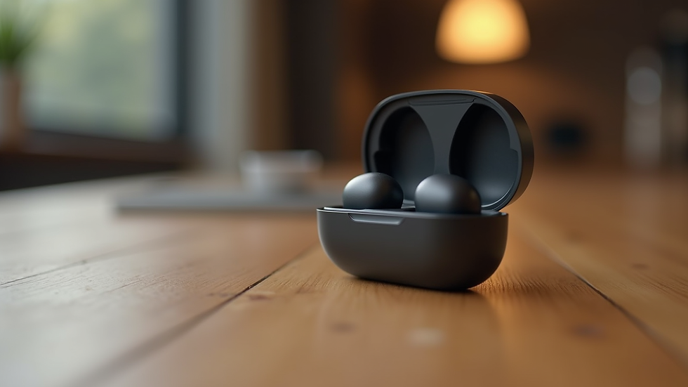 Close-up view of a sleek wireless earbud case on a wooden table