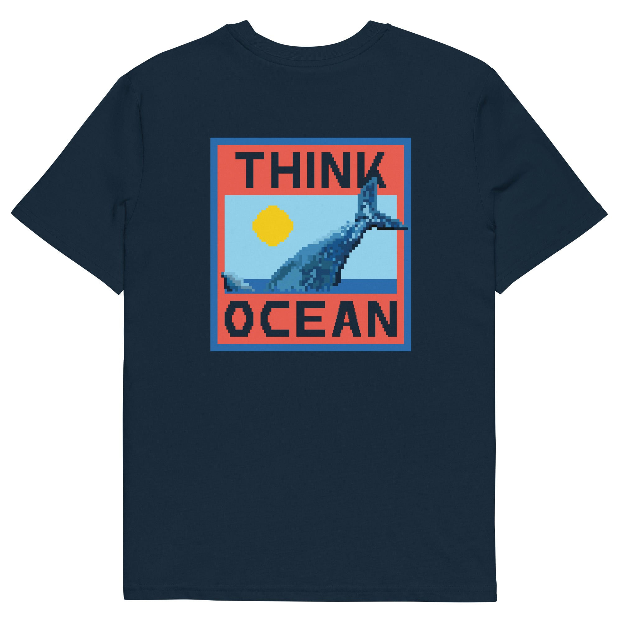 "Organic cotton T-shirt featuring a pixel art whale graphic from the Think Ocean collection."