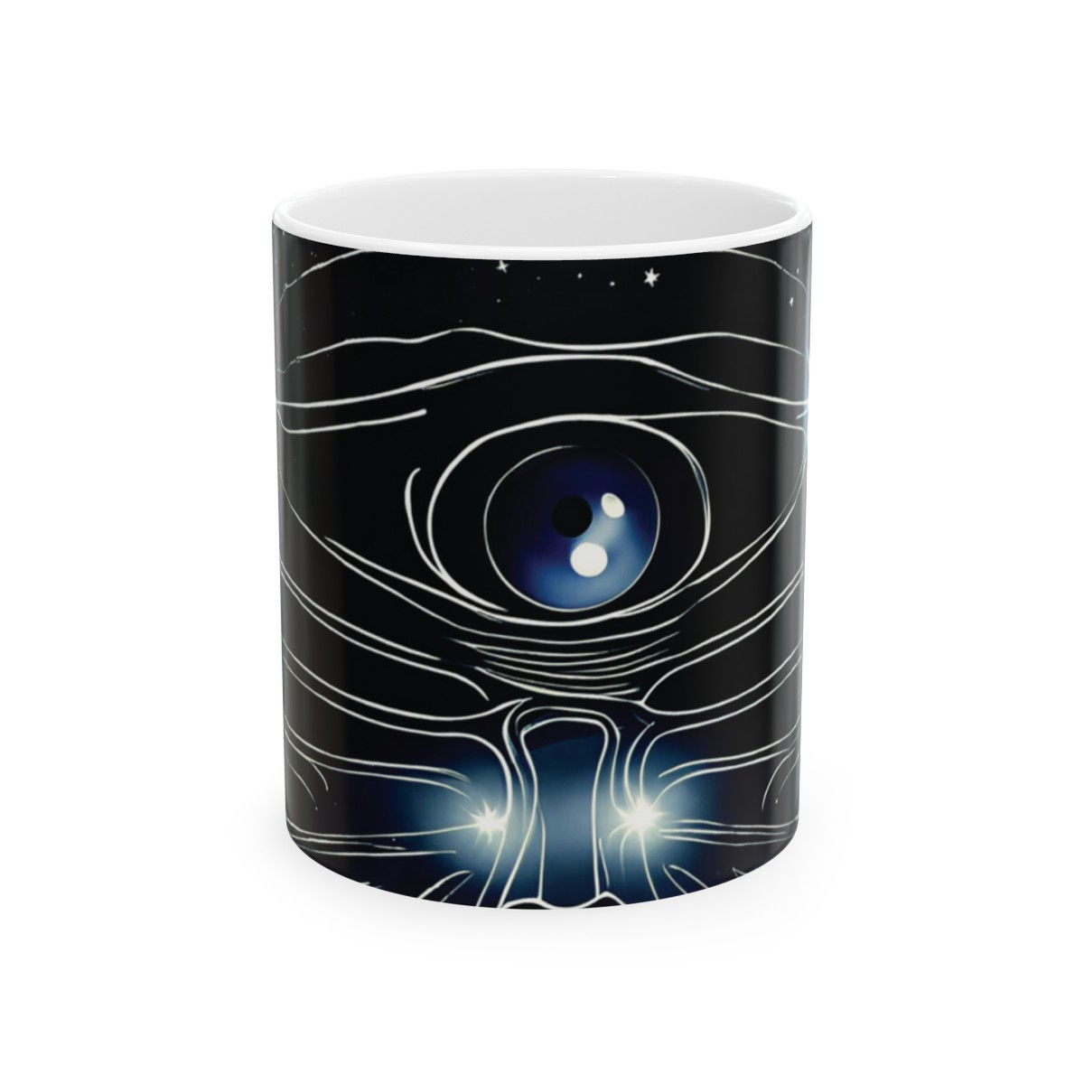 Abstract art mug with eye design, white background, new item shop available