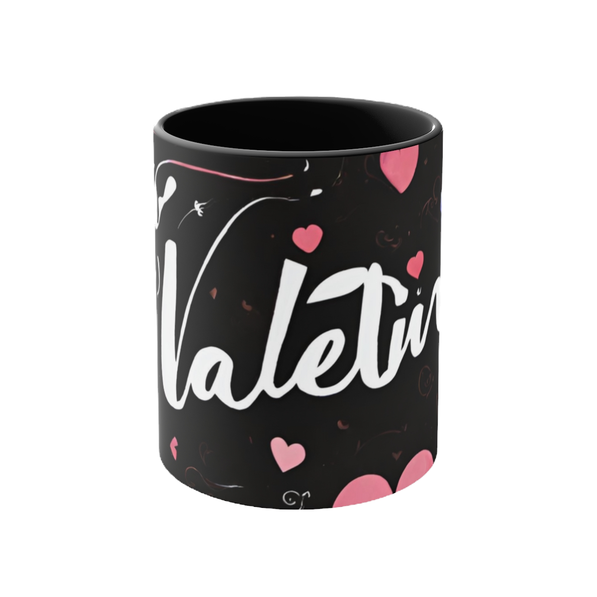 "Accent Coffee Mug, 11oz: Featuring 'VALENTINE' text on a sleek black background, perfect for a romantic touch."