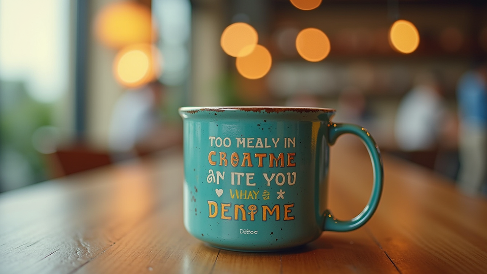 Eye-level view of a colorful personalized coffee mug with a motivational quote