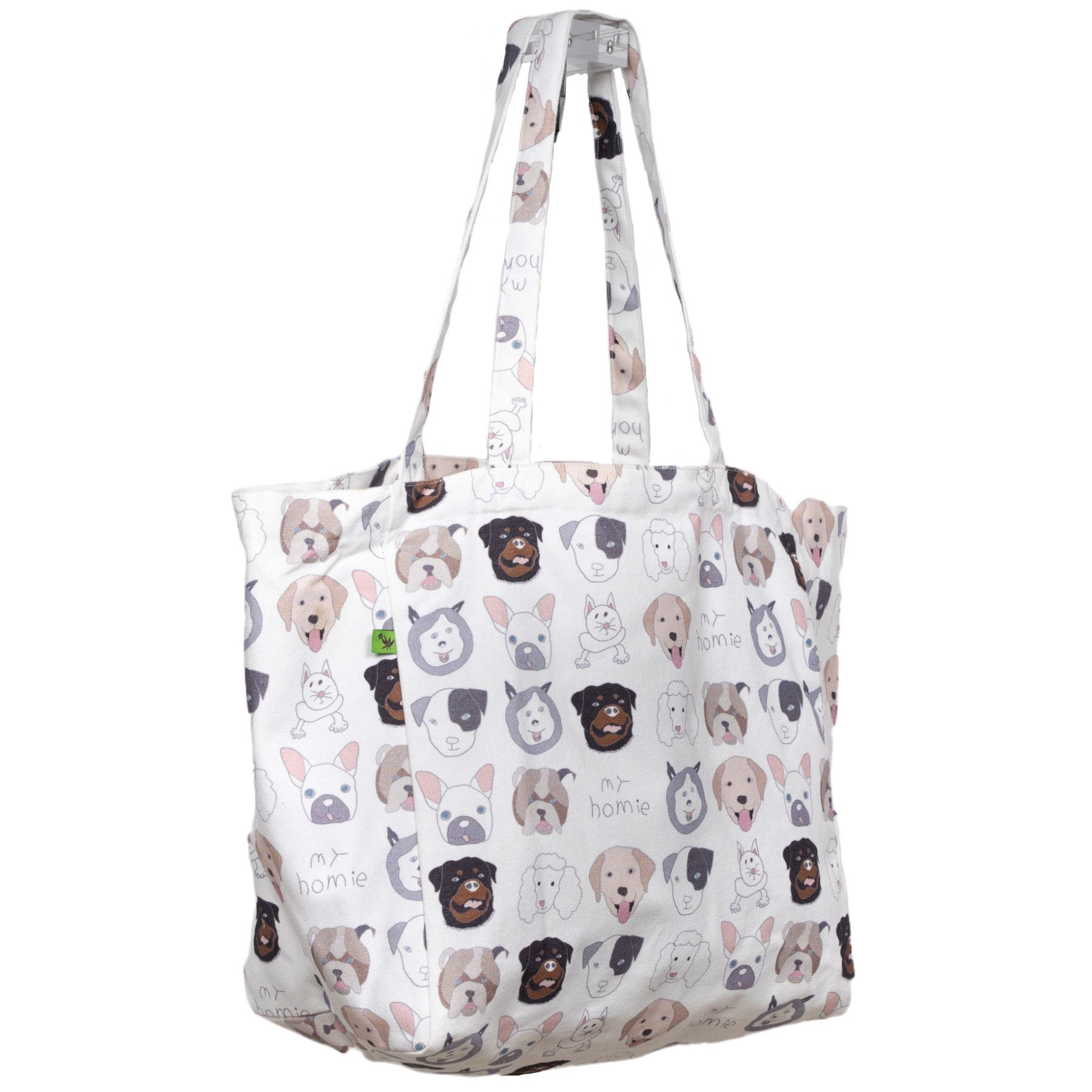 White tote bag with dog faces and shop New item