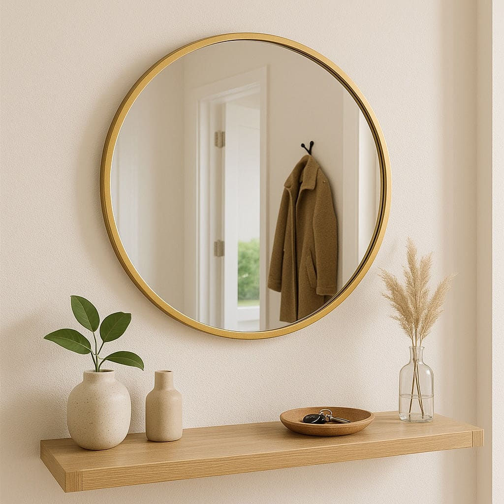“Rei round gold metal circle mirror, 50cm by 50cm.”