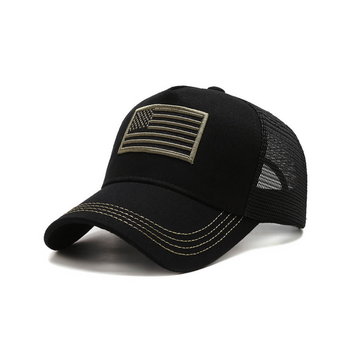 Black cap with American flag and mesh sides, ideal for outdoor use.