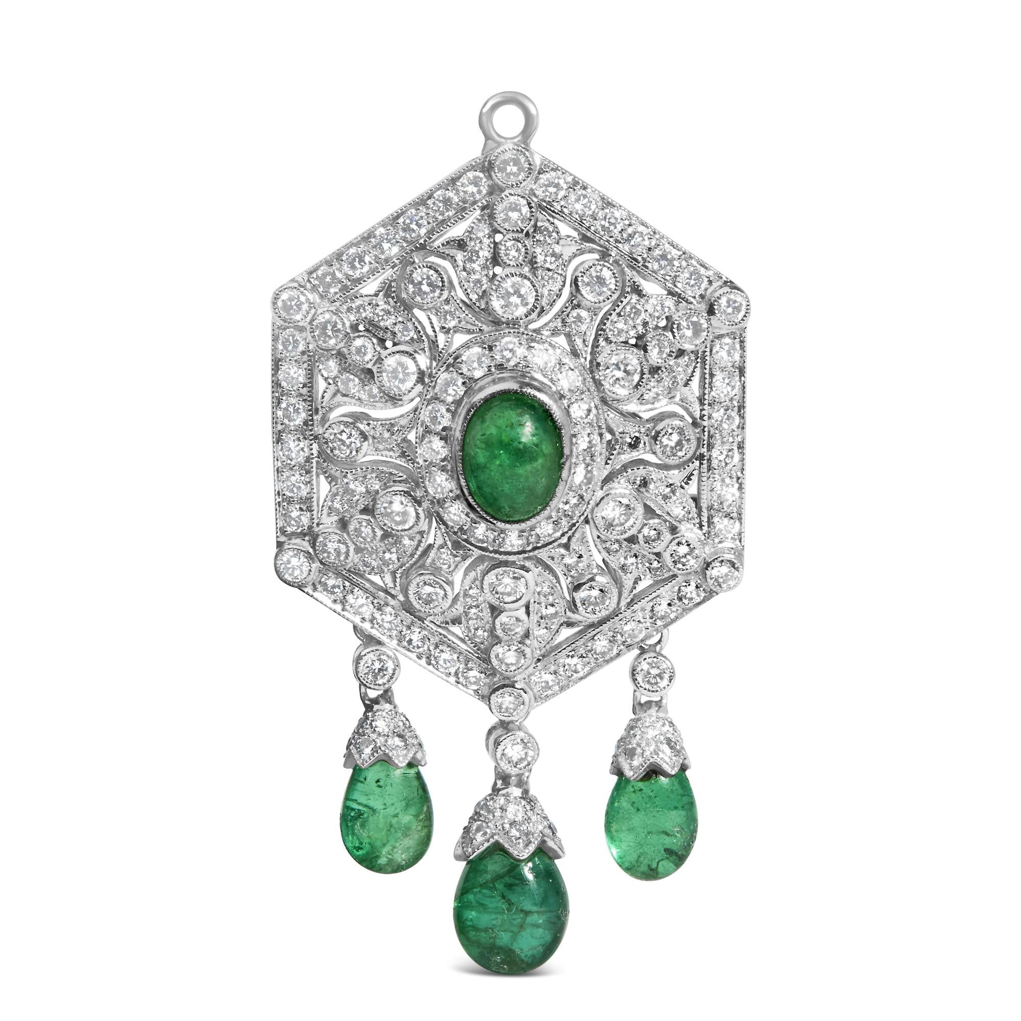 Emerald and diamond pendant with three emerald drops, hexagonal design, jewelry item.