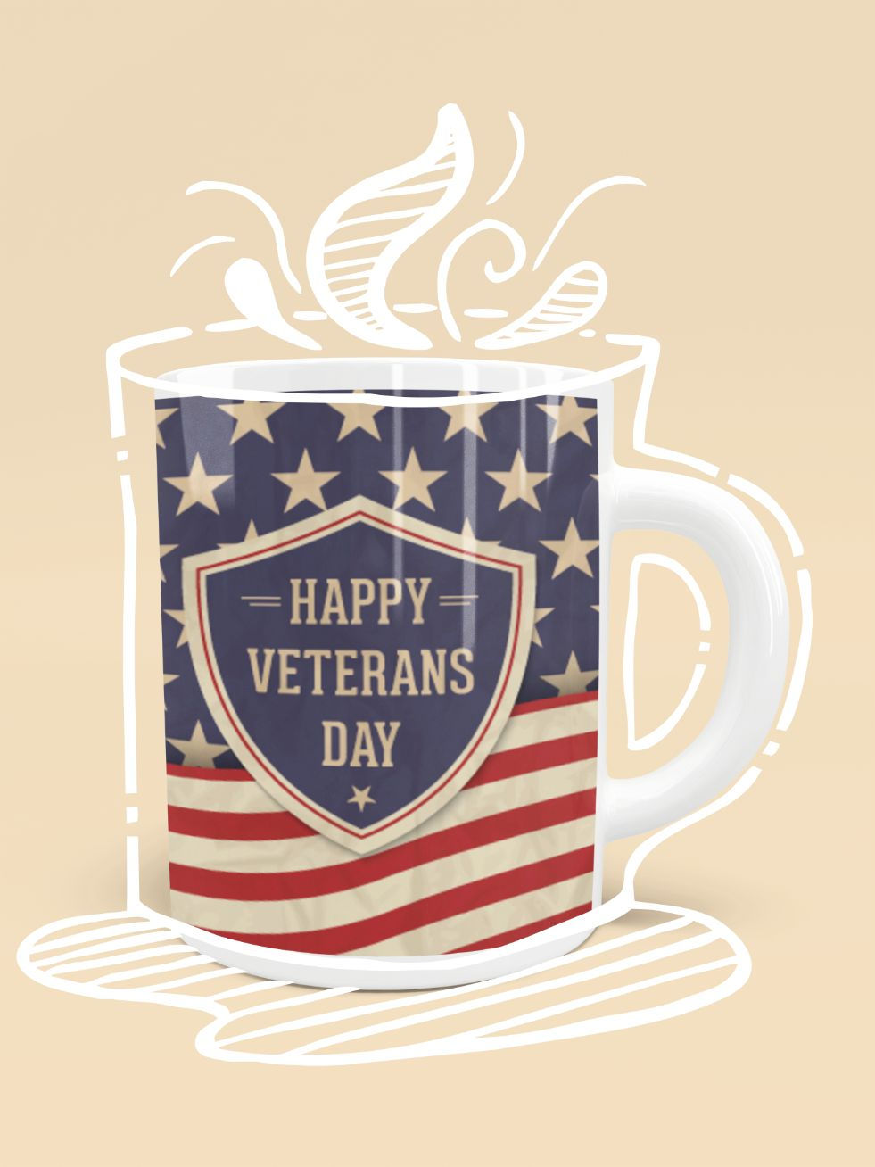 Patriotic coffee mug with Happy Veterans Day text and American flag design.