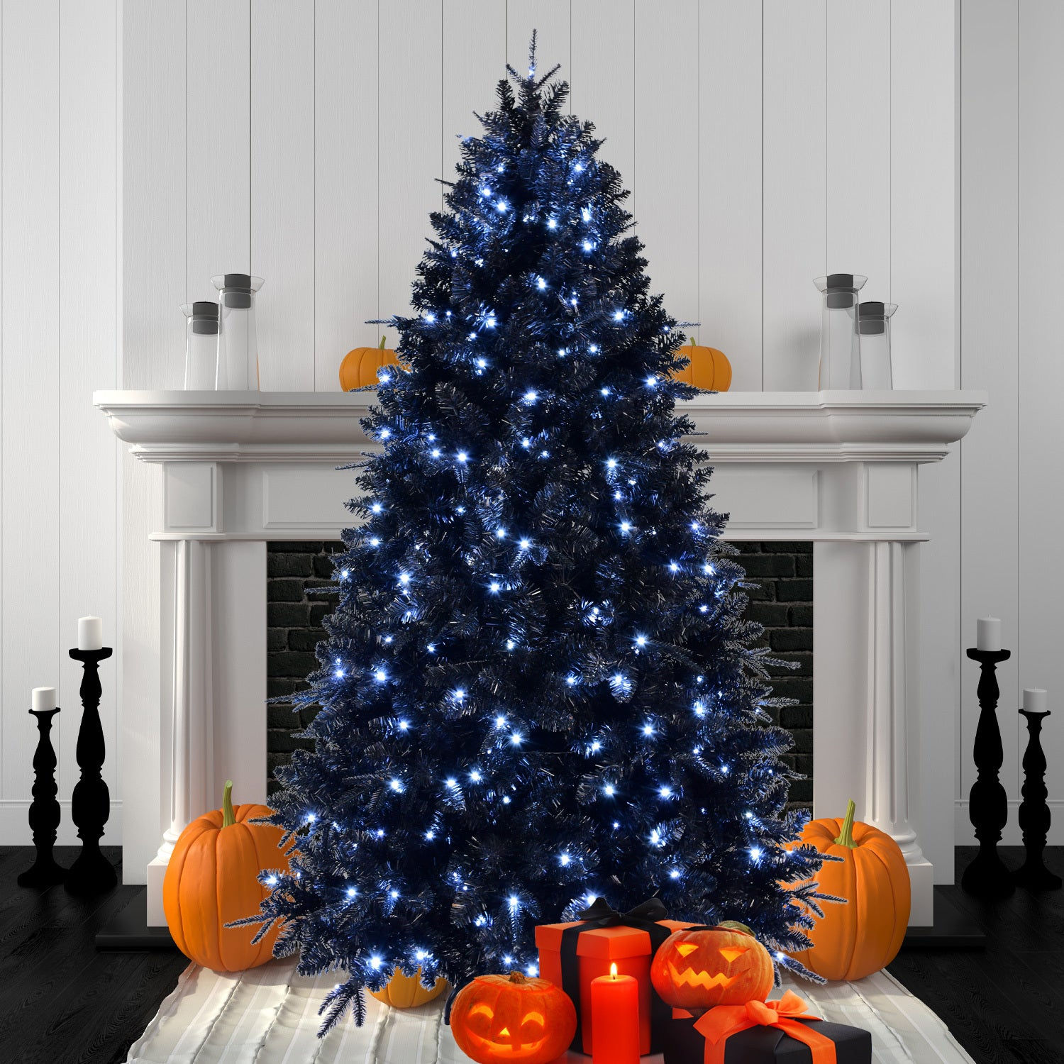 “7.5-foot black Christmas tree with 500 white LED lights and 2,156 PE/PVC branch tips for a full, modern look.”
