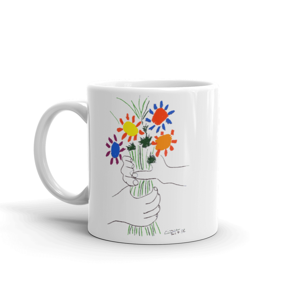“Pablo Picasso Bouquet of Peace 1958 artwork mug with colorful abstract flower illustration.”