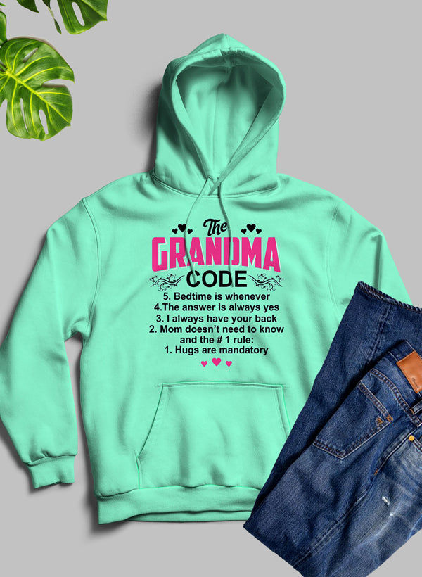 The Grandma Code hoodie made in the USA, featuring a cozy fit, soft fabric, and a fun printed graphic design.