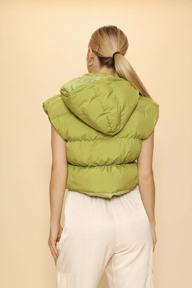 “Cropped puffer vest with hood, lightweight quilted design for casual winter wear.”