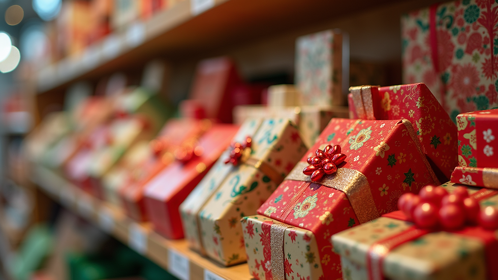 Close-up view of a colorful display of seasonal gift items arranged neatly