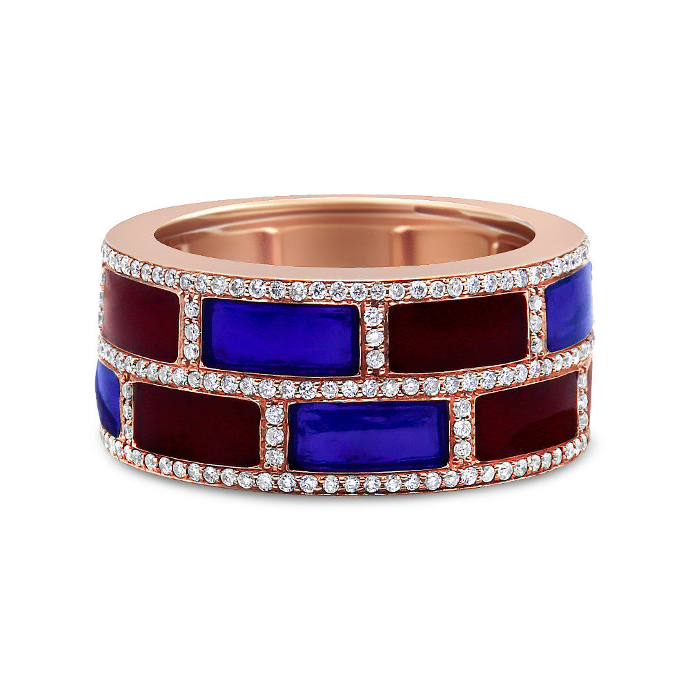 Rose gold ring with red and blue enamel brick pattern with diamonds.