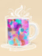 Colorful art coffee mug with abstract design displayed on a beige background