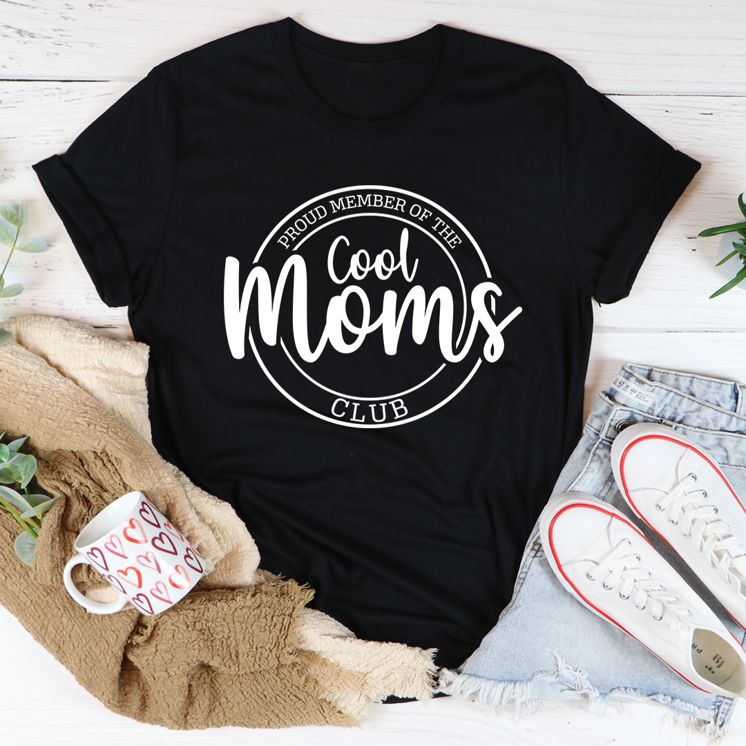 Black t-shirt with "Cool Moms" text and design on white background, new item shop