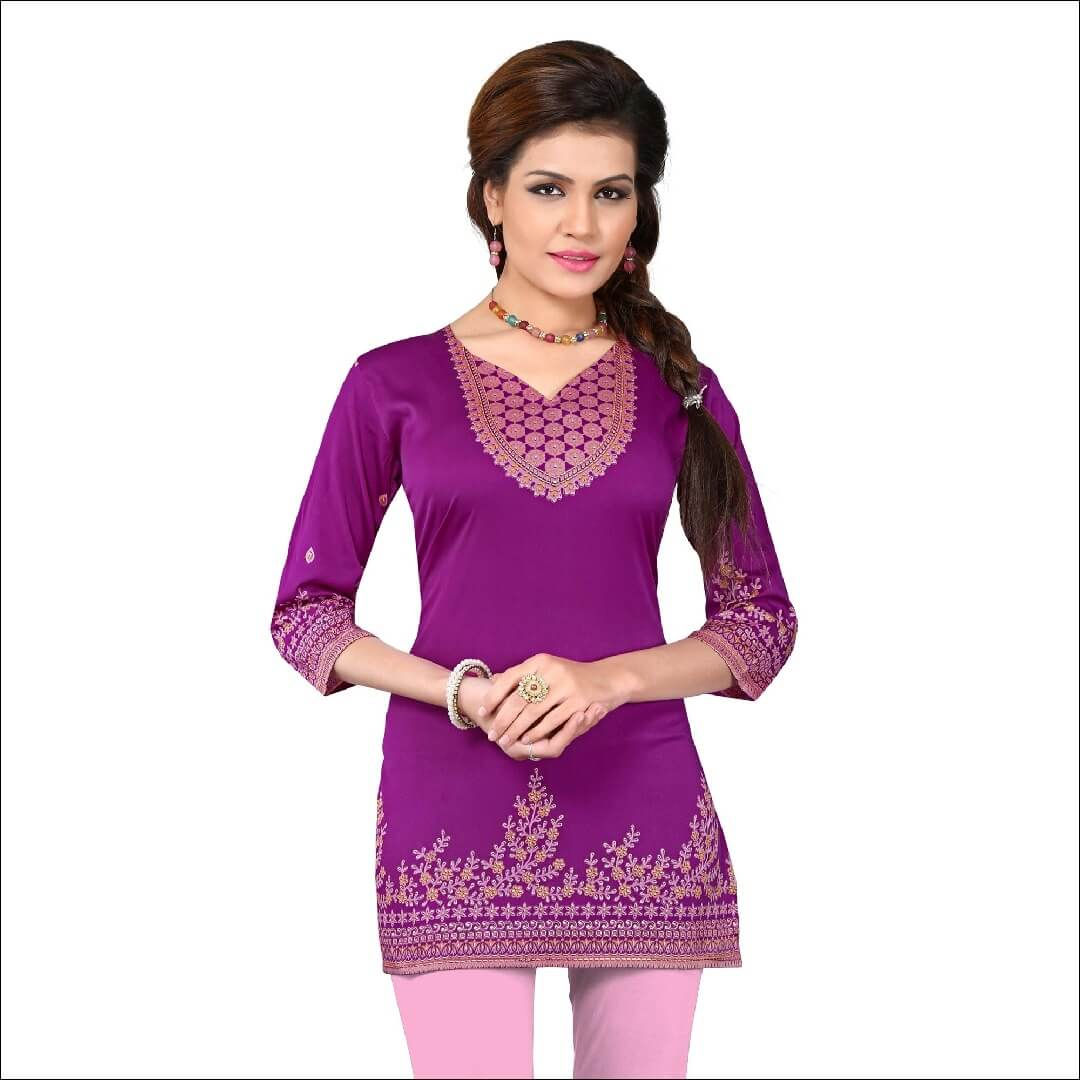 Purple short kurti featuring a vibrant color, comfortable fit, and stylish traditional-inspired design.