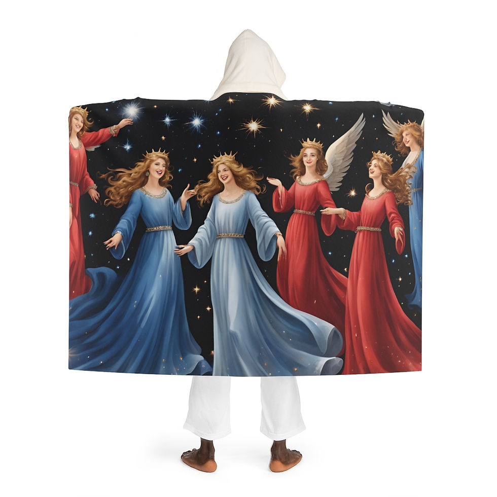 "A heavenly hooded fleece blanket featuring serene angels against a backdrop of clouds, perfect for cozying up."