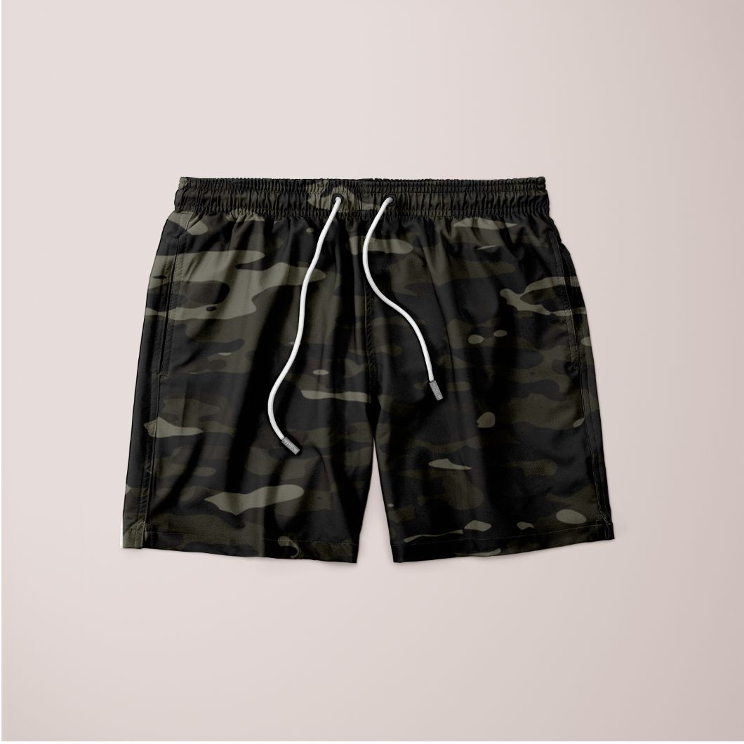 “Dark camouflage pattern Plakat shorts with military-inspired design and comfortable athletic fit.”