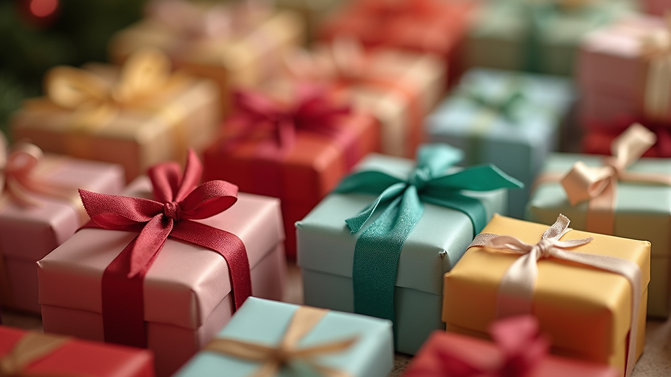Close-up view of colorful and unique gift items arranged neatly