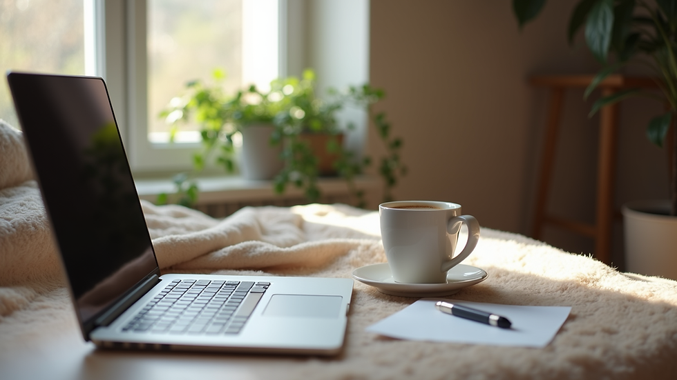 Eye-level view of a cozy online shopping setup with a laptop and coffee cup