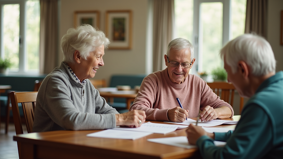 Eye-level view of a cozy common area in Mkb Homes with seniors engaging in activities