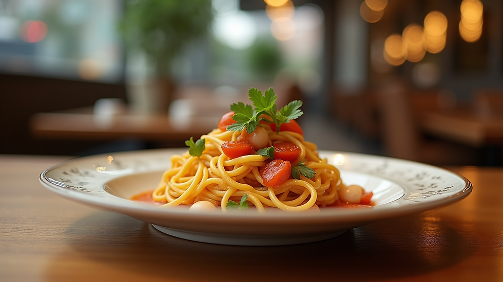 Eye-level view of a colorful restaurant dish on a wooden table