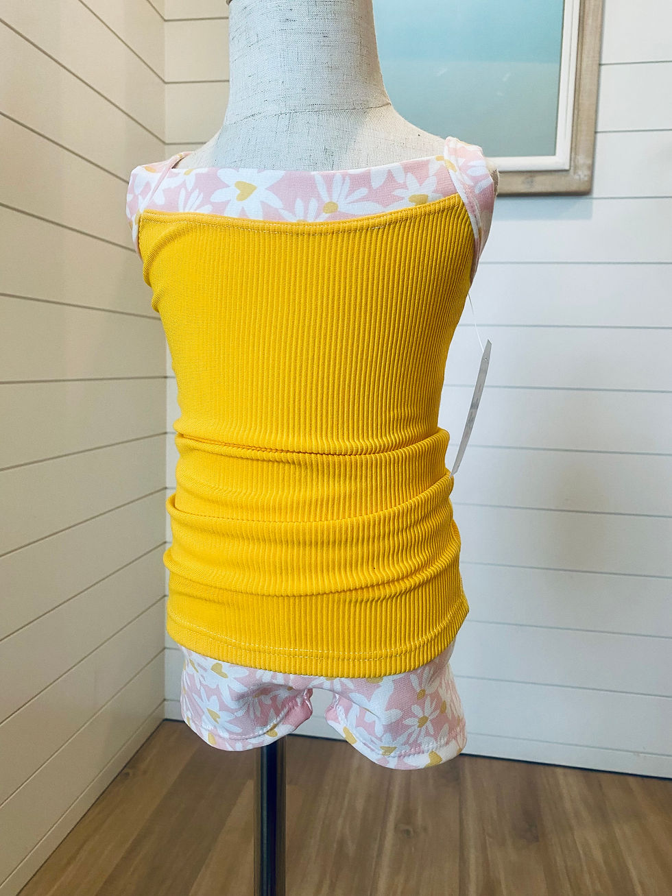 Kids Yellow Ribbed Knit Pink Floral Dance SET Dance Tank Top AND Shorts Dash Dancewear