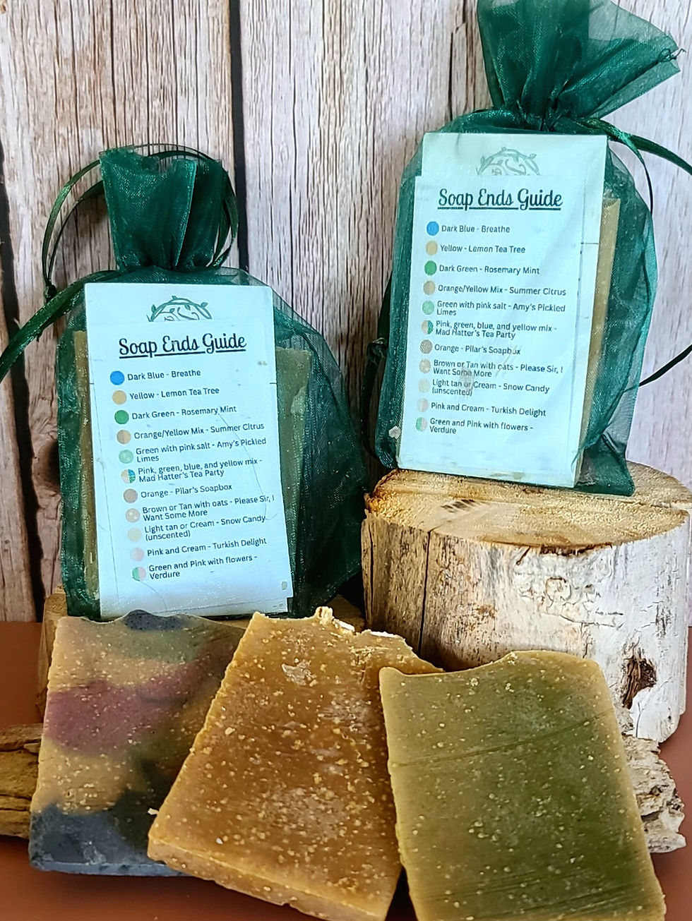 Thumbnail: Two green mesh Soap End Sampler Bags and three natural soap pieces