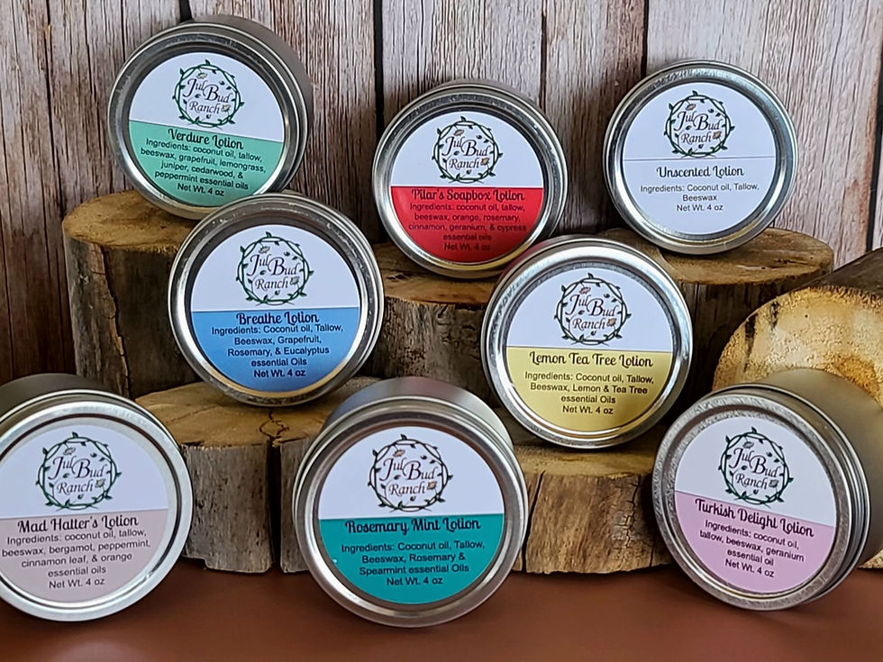 Assortment of lotion tins on wooden blocks