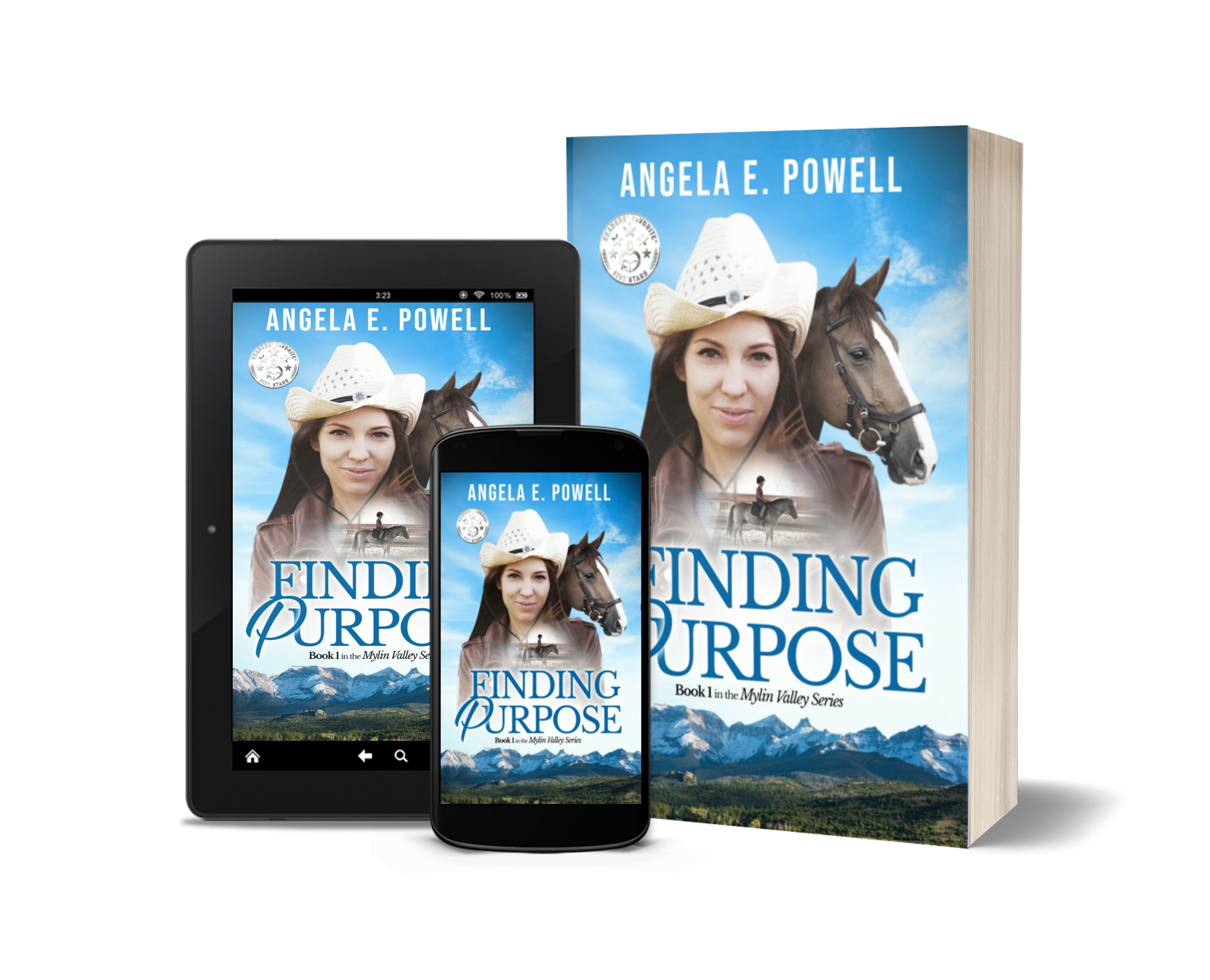 Angela E. Powell's book Finding Purpose, displayed on tablet, phone, and book.