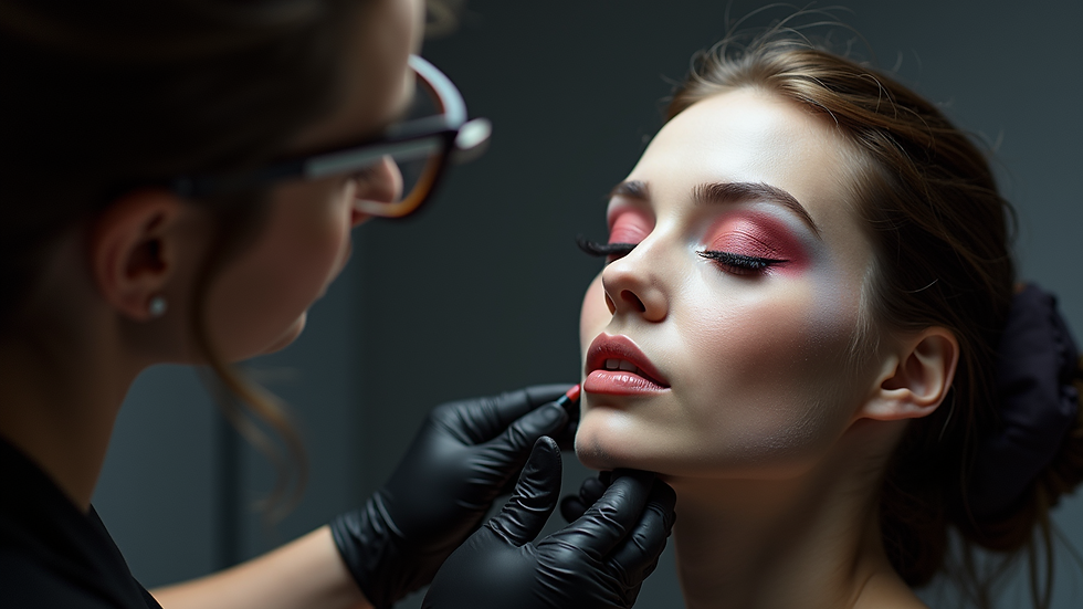 Eye-level view of a makeup artist applying prosthetic to a model's face