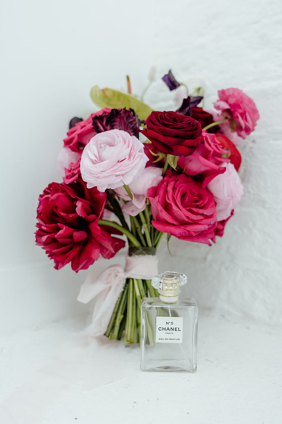 wedding detail bright bridal bouquet Chanel perfume