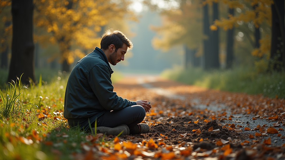 High angle view of a person sitting quietly outdoors practicing grounding techniques