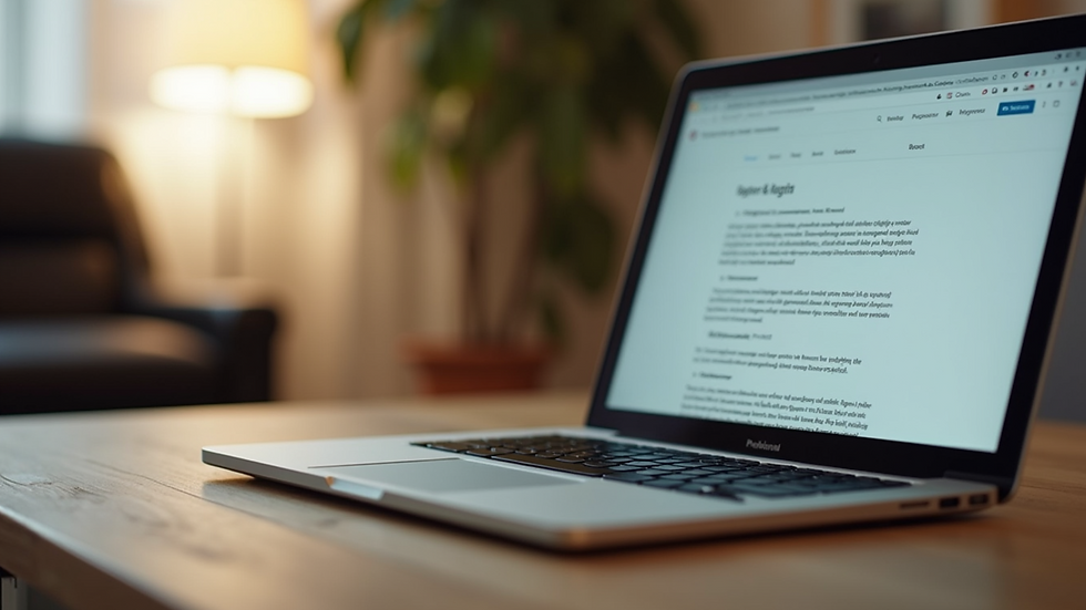Close-up view of a laptop on a wooden desk with a blog post draft on the screen