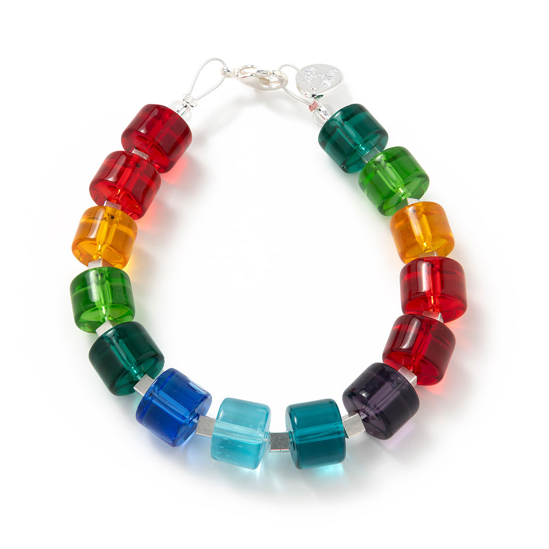 A bold, rainbow coloured beaded bracelet