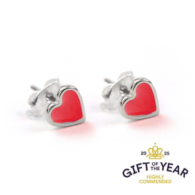 Silver Heart Earring Studs in Red