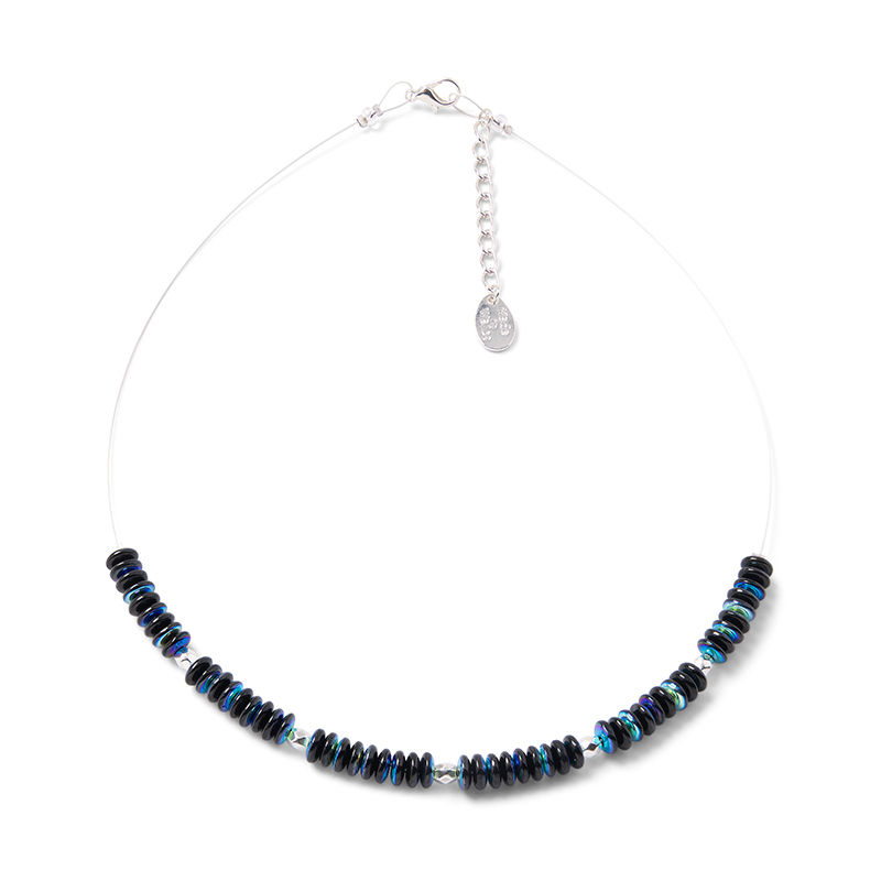 Thumbnail: Celestial Discs Iridescent (black with turquoise) coloured beaded necklace in a half beaded design on white background
