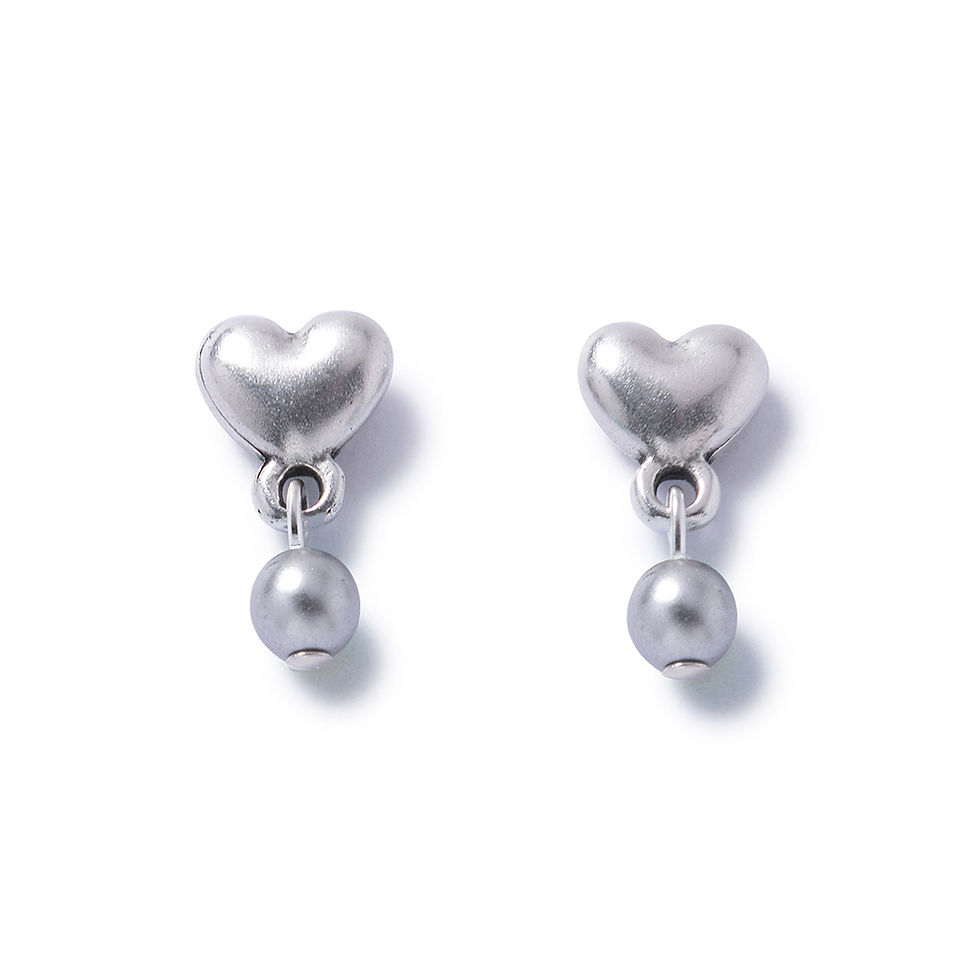 Silver heart stud earrings with silver coloured pearl dropper