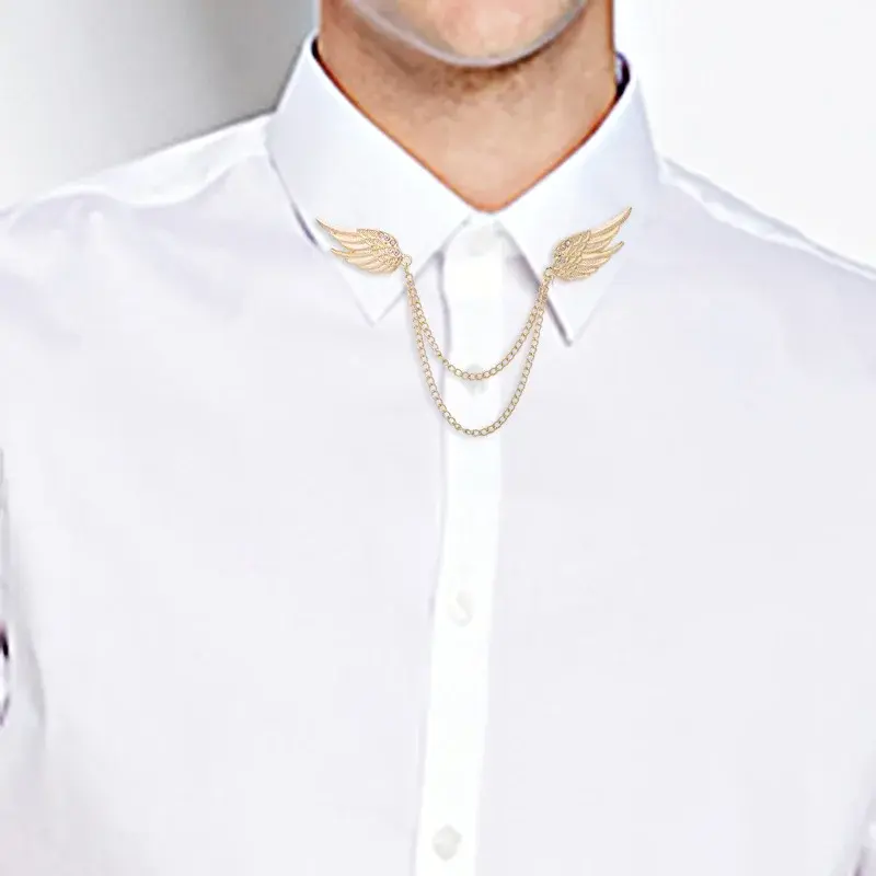 Thumbnail: Korean Angel Wings Brooch With Tassel Chain Lapel Pins for Men Women Shirt Suit