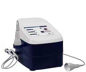 White and blue medical device with a digital screen and attached cables, set against a plain background.