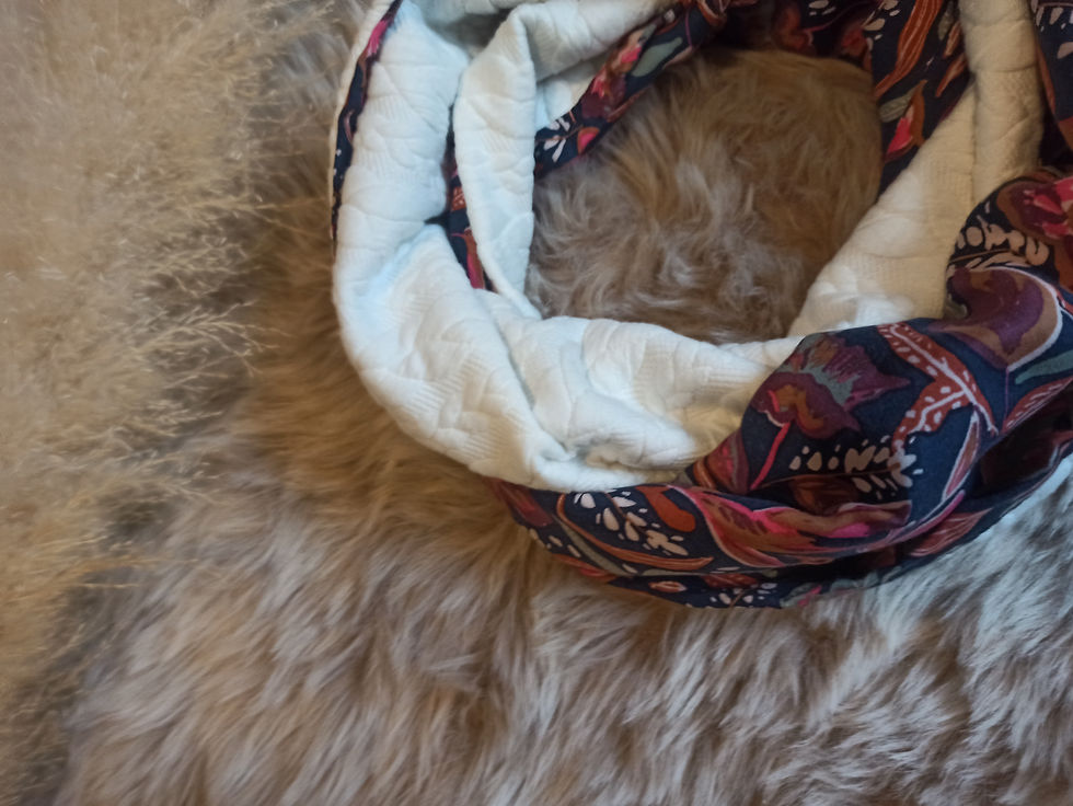 Miniature : Grand snood Blanc/Fleurs fond bleu 