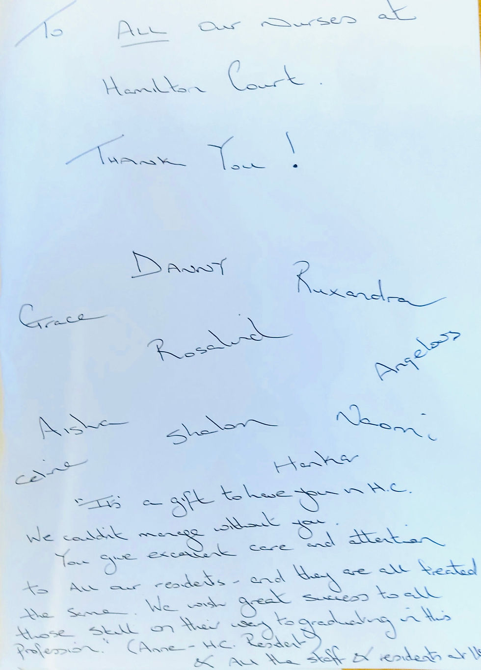 Card from a resident to the nurses