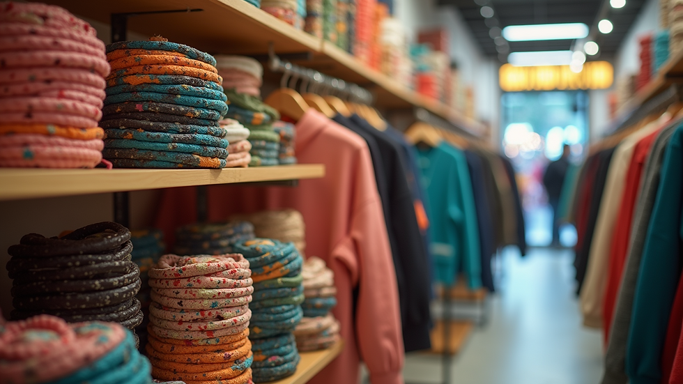 Eye-level view of a colorful merchandise display featuring unique apparel and accessories
