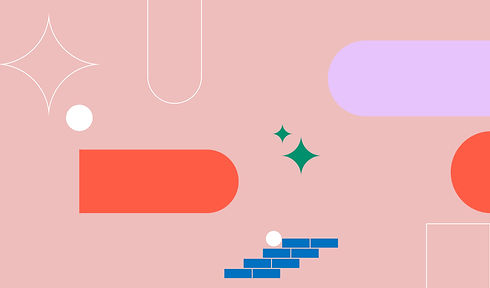 a pink background with an assortment of decorative shapes, like bricks, stars and semicircles, in green blue and orange