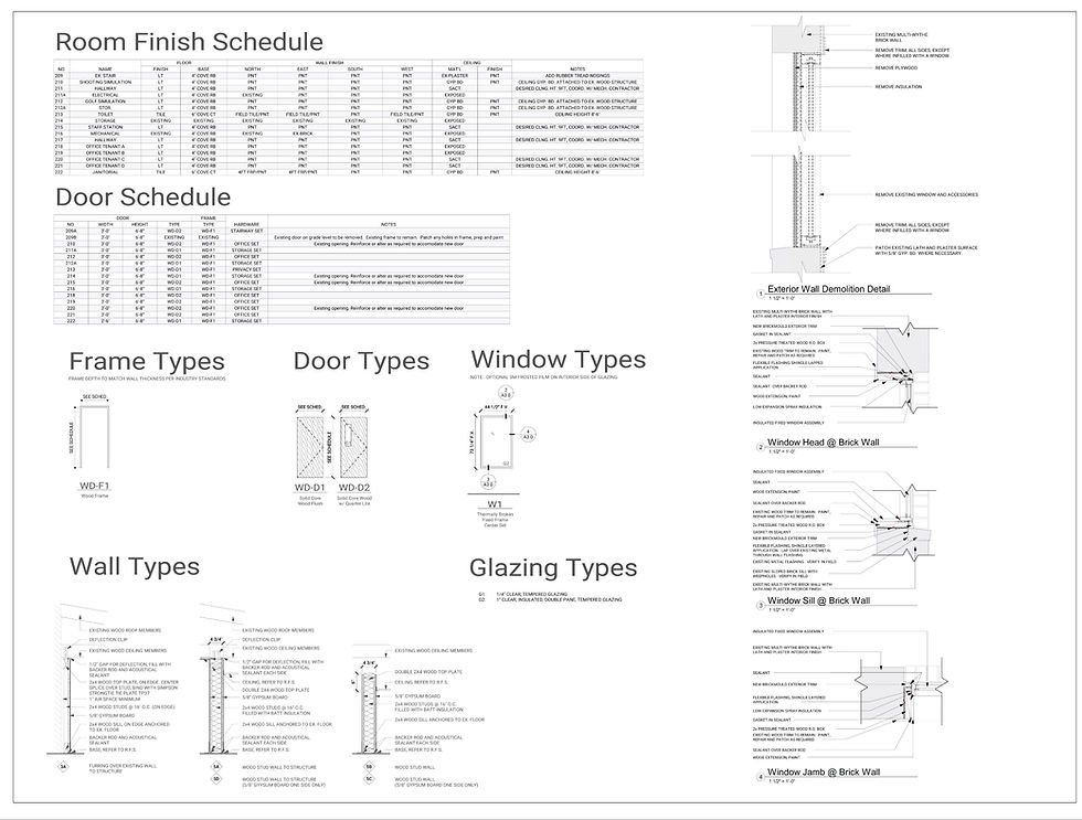 Architectural drawing with room finish, door schedule, frame, door, window, wall, and glazing types. Includes demolition and brick wall details.