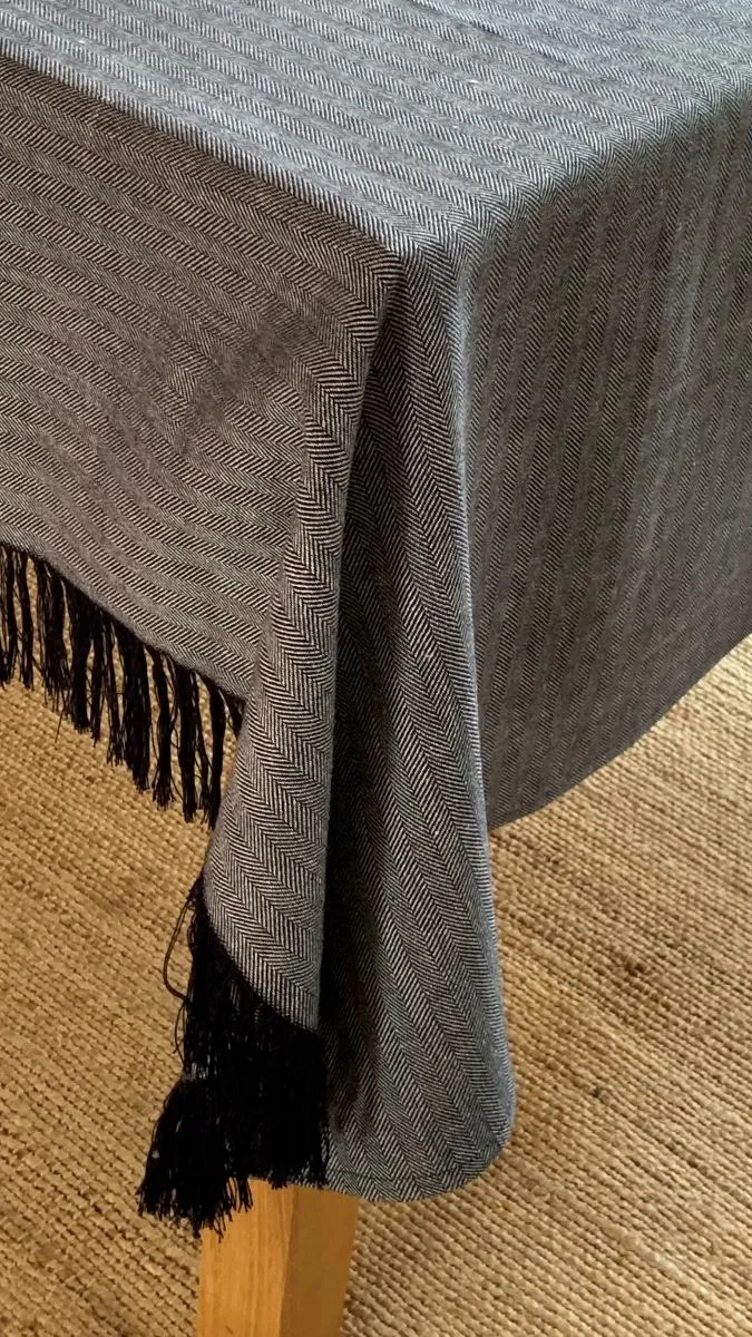 Nappe & Jeté en Coton Bio et Lin – Chevron Indigo – Fabrication française - Fait main - Made in France