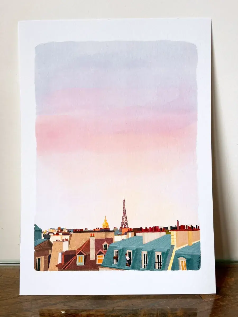 Thumbnail: Illustration Paris - Vue romantique sur les toits - Fait main - Made in France - Home decor