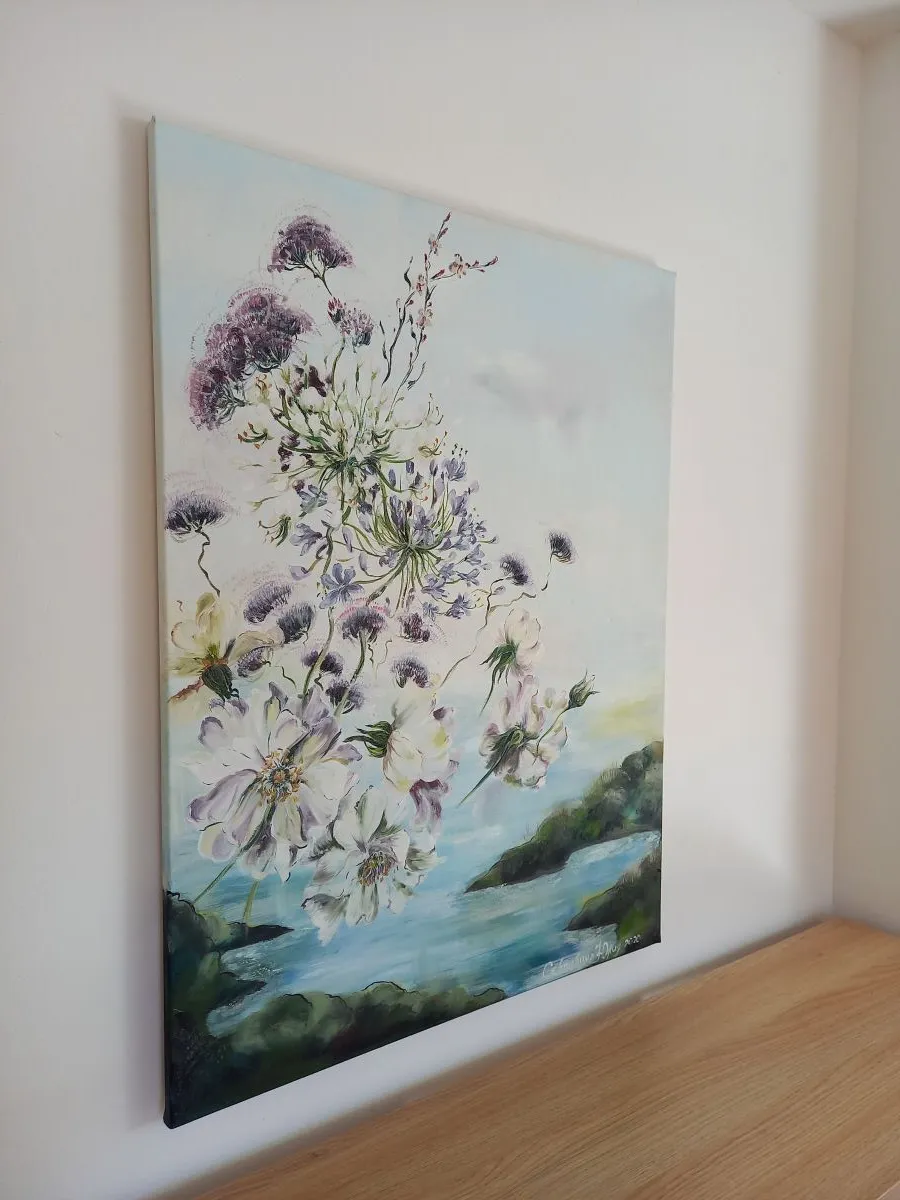 "Roses Iceberg" – L’éclat paisible d’un rivage floral - Fait main - Déco art - Déco murale